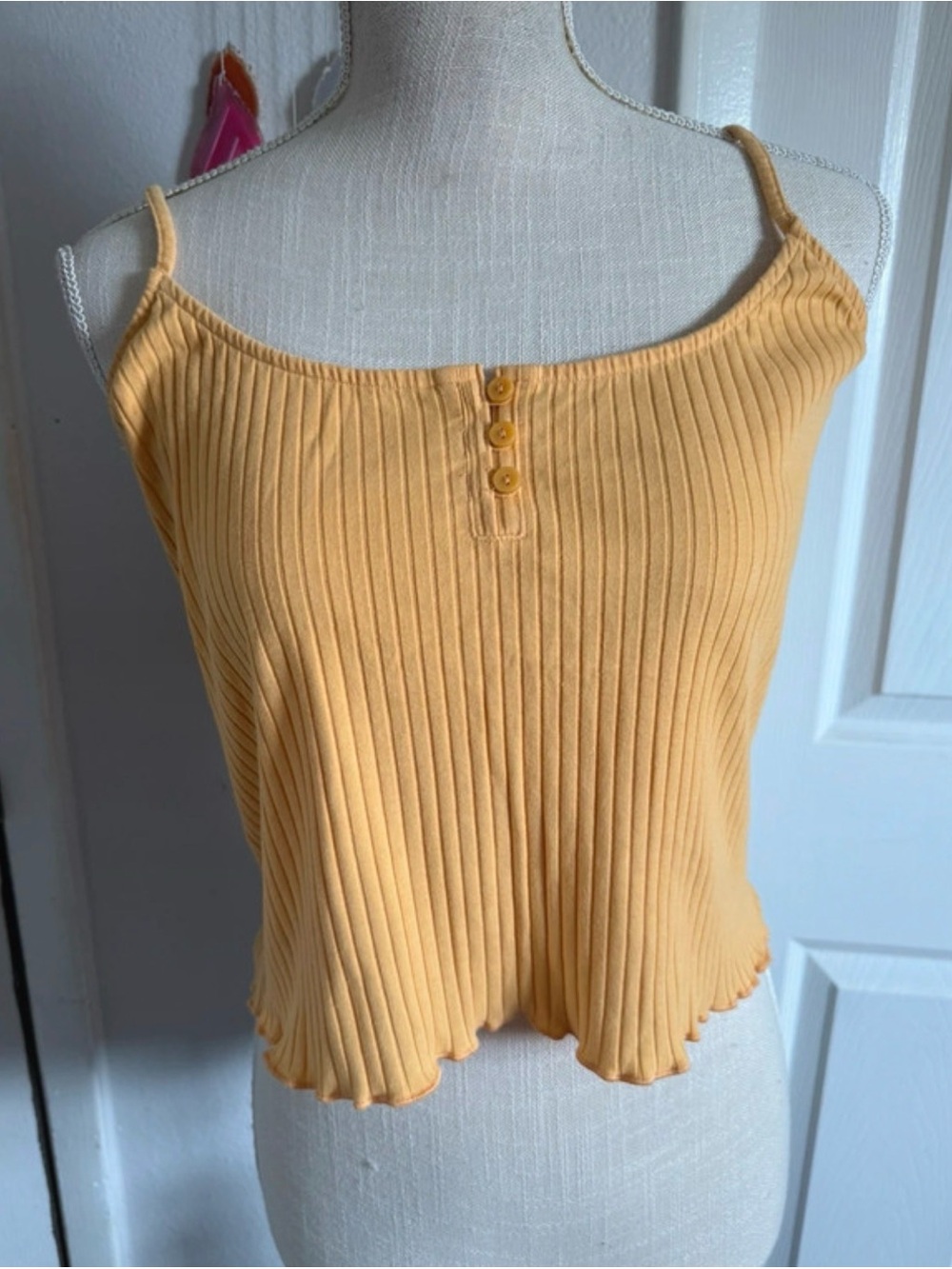 American Eagle Outfitters Ribbed Spaghetti Strap Crop Top - Mustard Yellow